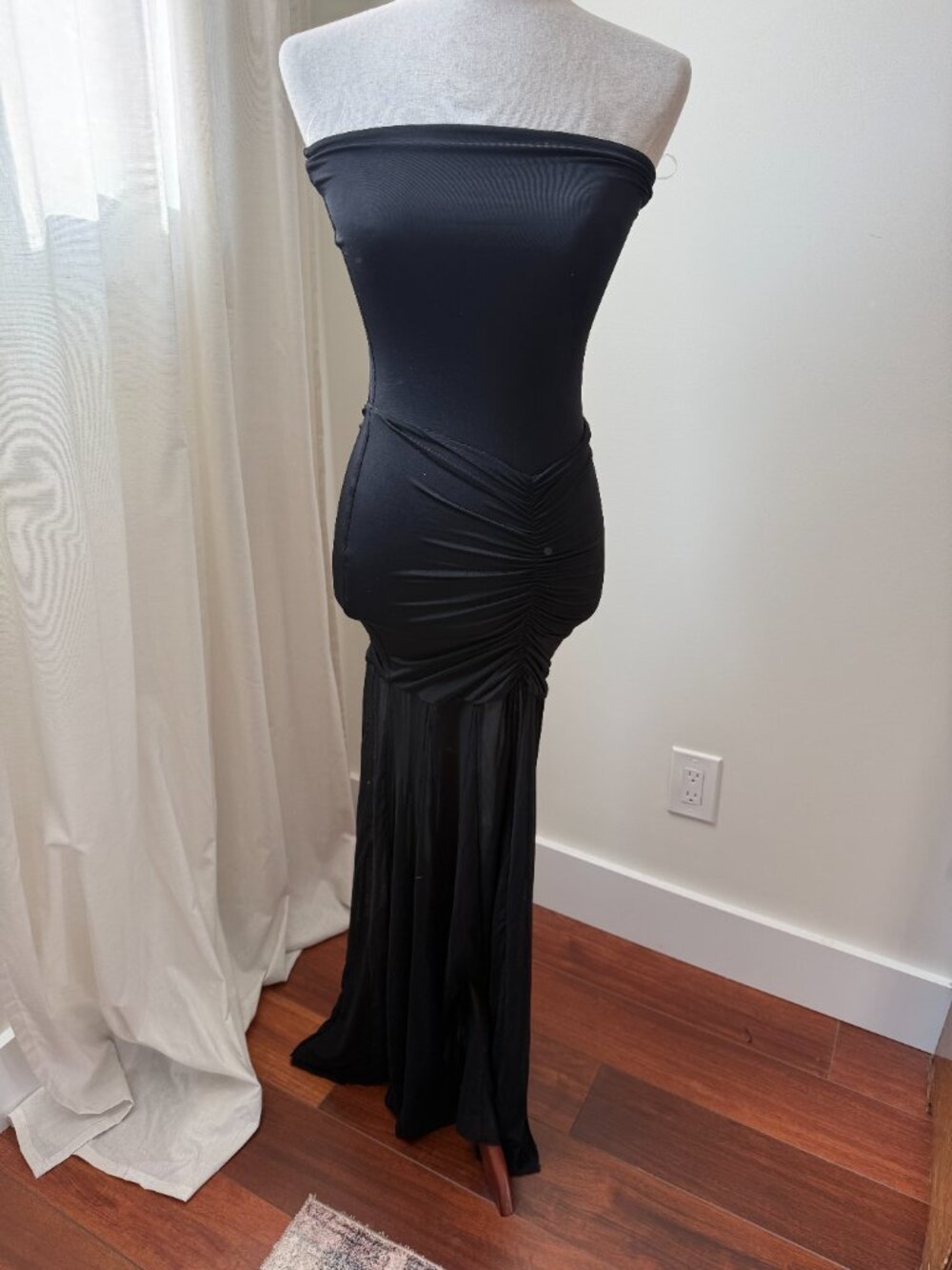 MESHKI Black Strapless Ruched Sheer Hem Maxi Dress XS - Picture 2 of 5